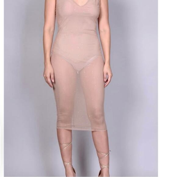 Sheer Nude Mesh Rhinestone MIDI Dress with attached Bodysuit size small - Picture 3 of 9